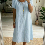 Eyelet-Trim Casual Linen Midi Dress