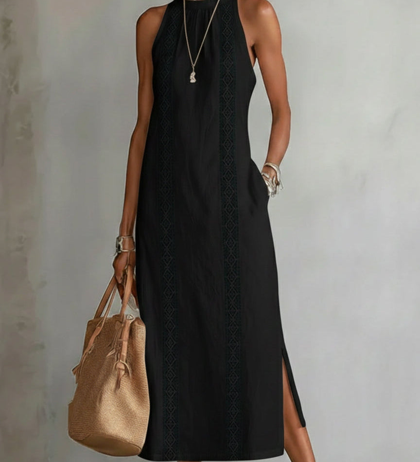 Lace-Trim Boho Halter-Neck Slit Maxi Dress
