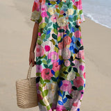 Striped Embroidered V-Neck Kaftan Dress